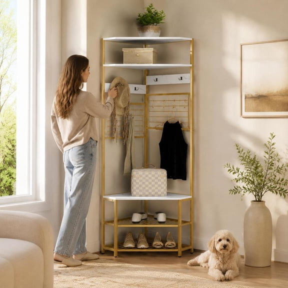 5-Tier Corner Hall Tree, with Shoe Storage Bench, White, Metal Frame, Hooks