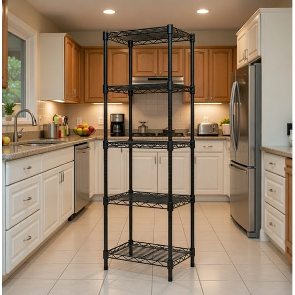 5-Tier Corner Metal Wire Storage Shelf Rack - Black - 53" Tall Space-Saving Organizer for Kitchen, Bathroom, Pantry, Garage