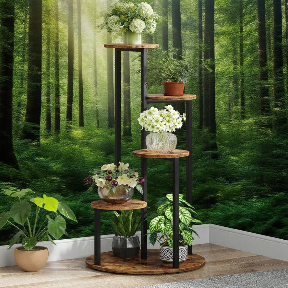 5-Tier Corner Plant Stand Tall Wood & Metal Flower Rack, Rustic Brown Free-Standing Plant Shelf, for Indoor Outdoor Balcony Garden Patio Living Room