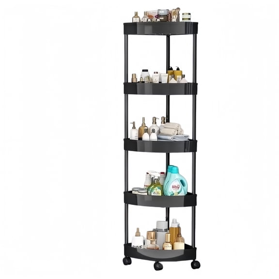 5-Tier Corner Rolling Cart Movable Bathroom Organizer Plastic Storage Rack Draining Trolley Shelf for Kitchen Bedroom Toilet