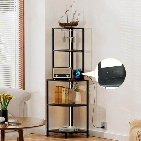5-Tier Corner Shelf with 2 Power Outlets and 2 USB Ports, Tall Corner Cabinet with LED and Wine Holder, Corner Book Shelf with Metal Frame for Living Room, Bedroom, Kitchen