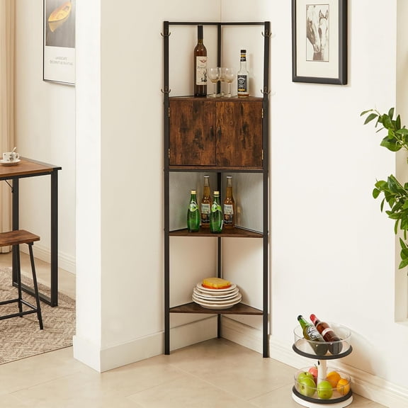 5 Tier Corner Shelf with 2 Woven Basket, 55" Tall Standing Organizer, Rustic Brown Storage Rack, Narrow Bookshelf Display Shelves Rack for Wall Corner, Living Room, Kitchen, Bedroom, Office