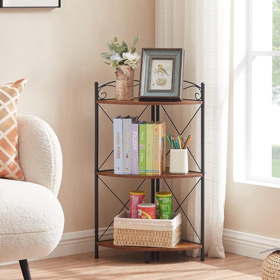 5 Tier Corner Shelf with 2 Woven Basket, 55" Tall Standing Organizer, Rustic Brown Storage Rack, Narrow Bookshelf Display Shelves Rack for Wall Corner, Living Room, Kitchen, Bedroom, Office
