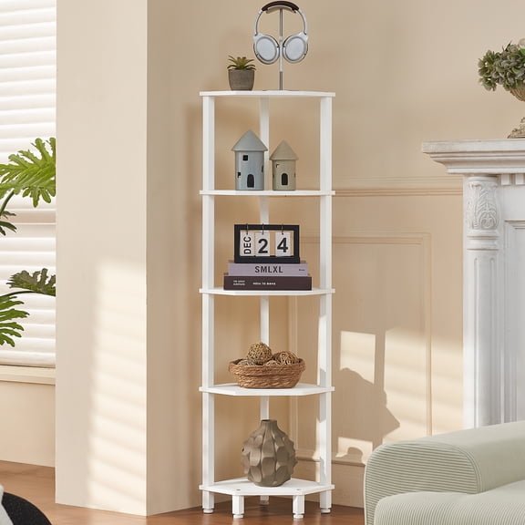 5 Tier Corner Shelf, 52 Inch Tall Corner Bookshelf Small Bookcase Modern Corner Shelving Unit Storage Rack for Living Room, Kitchen, Small Space,White