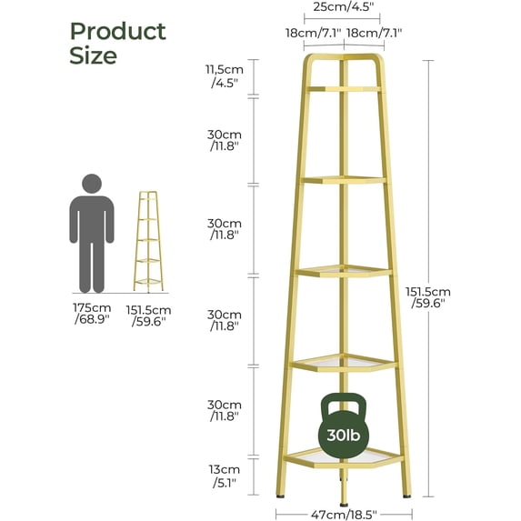 5-Tier Corner Shelf Gold, 59.6 Inch Floor Standing Storage Rack with Tempered Glass Shelves for Living Room Bedroom Bathroom Plant Display