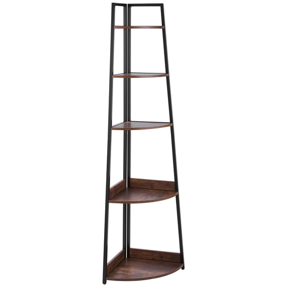 5 Tier Corner Shelf, 70" Tall Industrial Corner Bookshelf, Metal & Wood Ladder Rack, Rustic Brown
