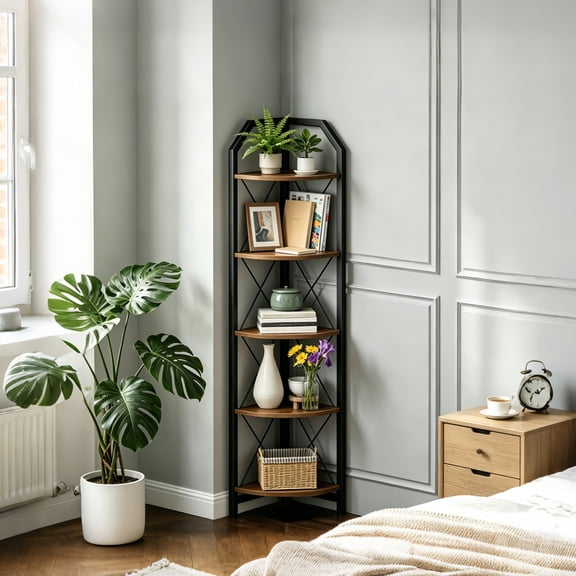 DQQKMM 5 Tier Corner Shelf, Corner Bookshelf for Living Room, Open Corner Shelves for Organization and Storage, Rustic Brown