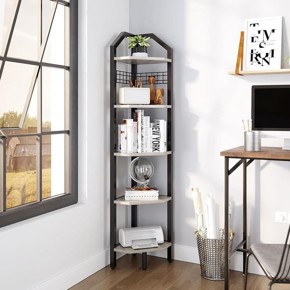 5-Tier Corner Shelf Freestanding Bookcase with Wooden Clips S-Hooks for Living Room Bathroom Bedroom Small Space Silver Gray