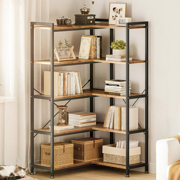 57 inch L Shaped Corner Bookshelf, 5 Tier Reversible Industrial Bookcase with Open Storage Shelves, Metal Frame Display Rack for Home Office, Living Room, Bedroom, Kitchen, Vintage