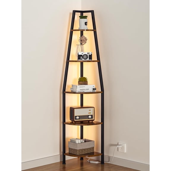 5 Tier Corner Shelf with LED Light, 67.2” Tall Standing Shelf for Wall Corner, Narrow Bookshelf Ladder Shelf for Bedroom, Living Room, Plant, Wood Storage Rack, Metal Frame