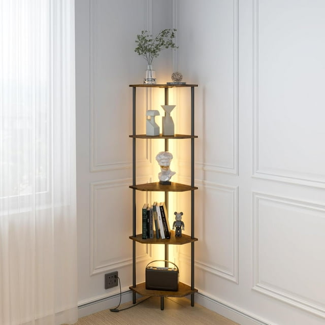 5 Tier Corner Shelf with LED Light,Tall Corner Wall Shelf, Display Shelf,Narrow Bookshelf,The Classic Combination of Rustic Brown and Black Standing Shelf,Suitable for Bedroom,Living Room,Kitchen