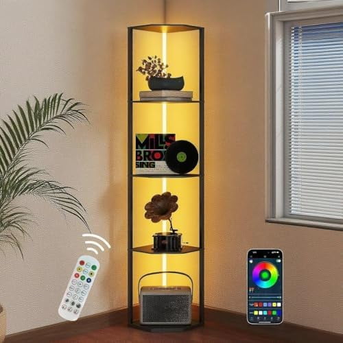 5 Tier Corner Shelf with Light, Curio Collection Display Rack,Dimmable Lighting Floor Stand Shelving for Bedroom,Space-Saving Living Room Accessories Organizer$$Home Decor, Kitchen, & Other