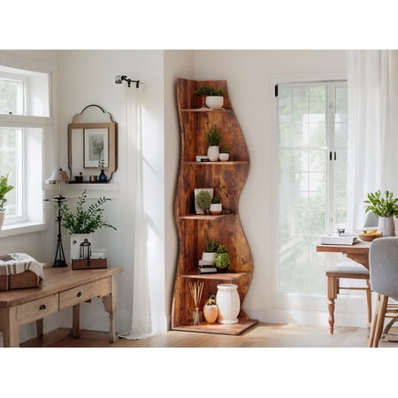 5-Tier Corner Shelf, Modern Wall Mounted Corner Bookshelf with Woven Seagrass – Small Space Storage Bookcase for Living Room, Bedroom, Office (Brown)