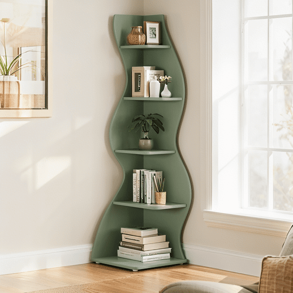 5-Tier Wall Mounted Corner Bookshelf, Adjustable Woven Seagrass Shelf - Compact Storage Rack for Home Office & Small Spaces (Green)