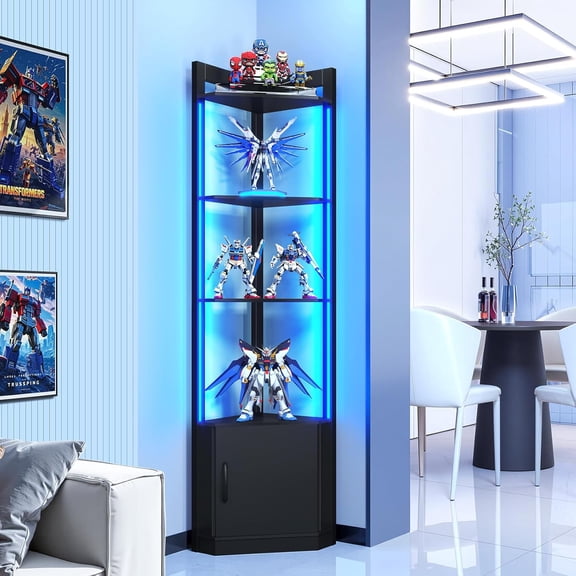 5-Tier Corner Shelf with RGB LED Light, 65" Tall Display Cabinet with Storage, Remote & APP Control, Adjustable Brightness/Color Temp, Floor Lamp with Shelves for Living Room Bedroom (Black)