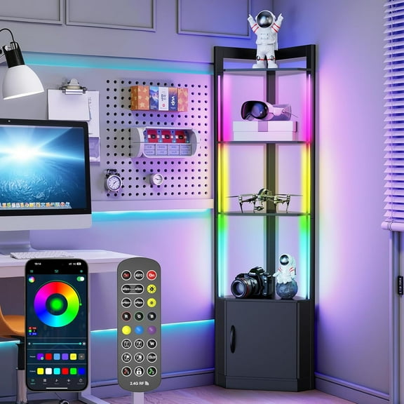 5-Tier Corner Shelf with RGB LED Light, 65" Tall Display Cabinet with Storage, Remote & APP Control, Adjustable Brightness/Color Temp, Floor Lamp with Shelves for Living Room Bedroom (Black)