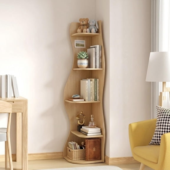 5-Tier Corner Shelf S-Shaped with Curved Modern Design, Freestanding Display Rack and Bookshelf Plant Stand for Living Room Bedroom Bathroom, Natural Wood