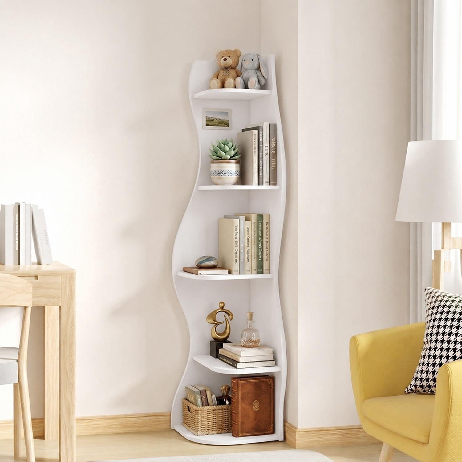 5-Tier Corner Shelf S-Shaped with Curved Modern Design, Freestanding Display Rack and Bookshelf Plant Stand for Living Room Bedroom Bathroom, White