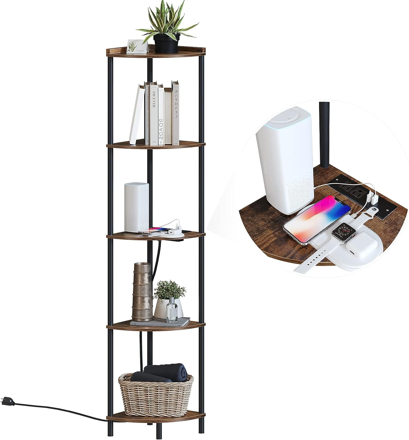 5 Tier Corner Shelf Stand With 2 USB Ports & 2 Power Outlet,65