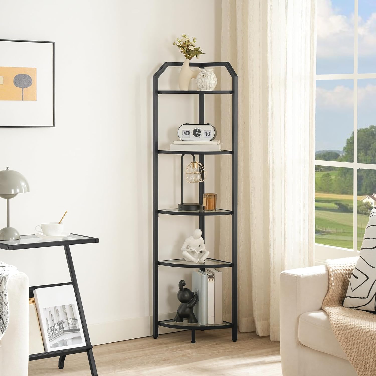 5-Tier Corner Shelf Stand, Black Corner Bookshelf, Tempered Glass ...