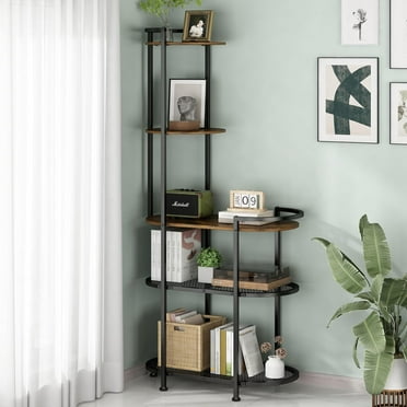 5 Tier Corner Shelf Stand, Freestanding Corner Shelf Unit Bookshelf, Corner Table with Shelf, Tall Storage Organizer Rack for Living Room, Bedroom, Office. Small Space, Metal, Country Rustic