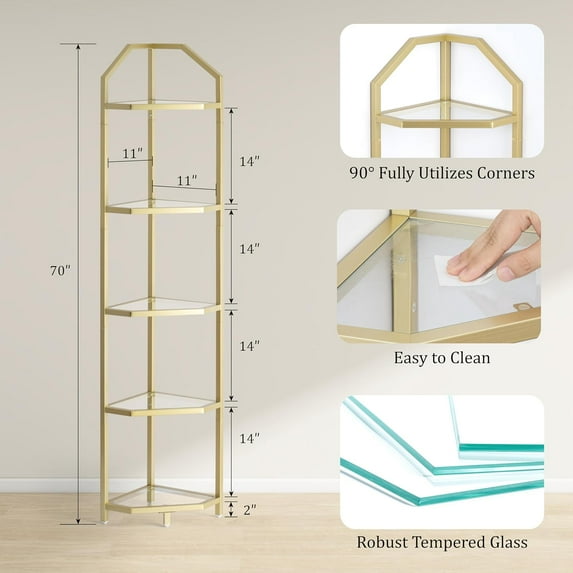5-Tier Corner Shelf Stand, Gold Corner Bookshelf, Bathroom Storage Rack Shelf, Plant Rack, Tempered Glass, Steel Frame, Modern Style for Living Room, Bathroom, Kitchen, Metallic Gold
