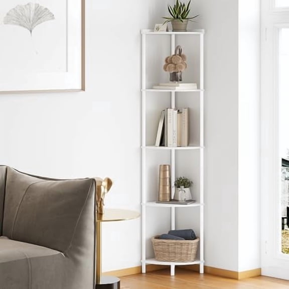 5 Tier Corner Shelf Stand, Industrial 65" Corner Shelves Display Shelf for Living Room Decor, Wall Corner Bookshelf Multi Unit Organizer, Tall Shelf Plant Stand for Bedroom, Bathroom, White