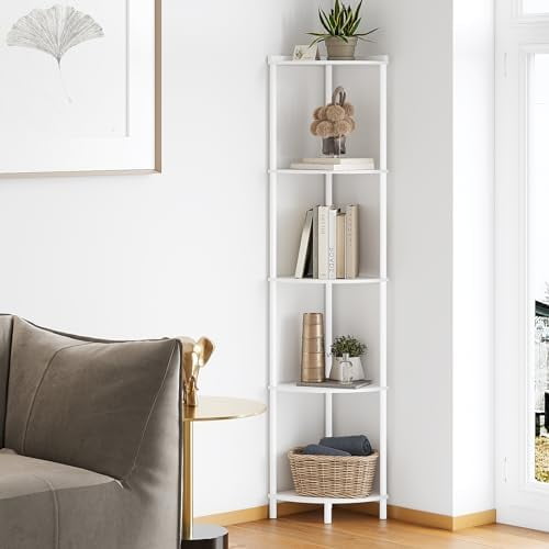 5 Tier Corner Shelf Stand, Industrial 65" Corner Shelves Display Shelf for Living Room Decor, Wall Corner Bookshelf Multi Unit Organizer, Tall Shelf Plant Stand for Bedroom, Bathroom, White