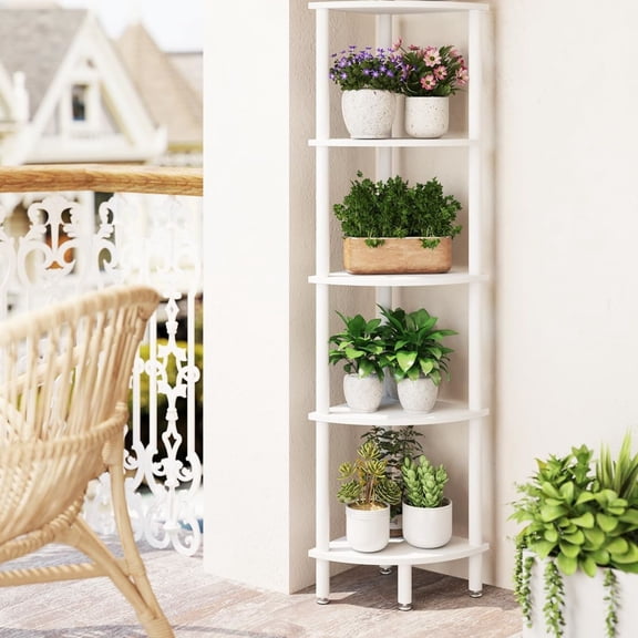 5 Tier Corner Shelf Stand,Industrial Corner Display Rack,Corner Bookshelf for Living Room, Bedroom, Kitchen, Home Office, White