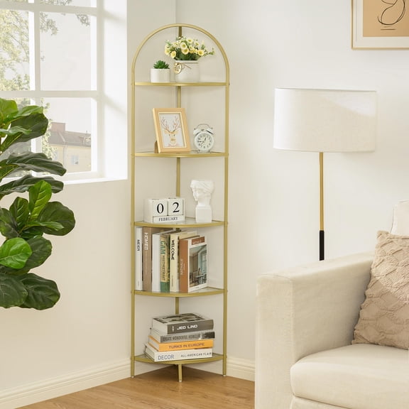 5-Tier Corner Shelf Stand, Metal Corner Bookshelf, Tempered Glass Shelves, Bathroom Storage Rack Shelf, Plant Stand, Modern Style, Golden