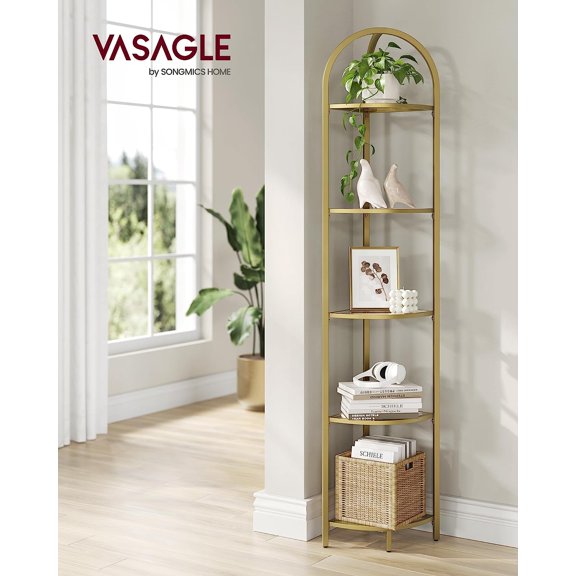 5-Tier Corner Shelf Stand, Metallic Gold Tempered Glass Bookshelf for Living Room Bathroom Kitchen Organizer