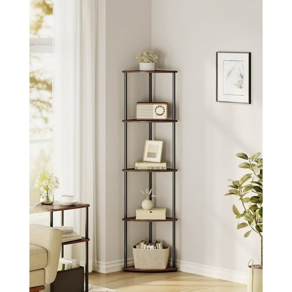 5-Tier Corner Shelf Stand - No Tools Assembly, Space-Saving Storage Unit, 15x10.6x54.7 Inches for Home Organization, Somber Walnut