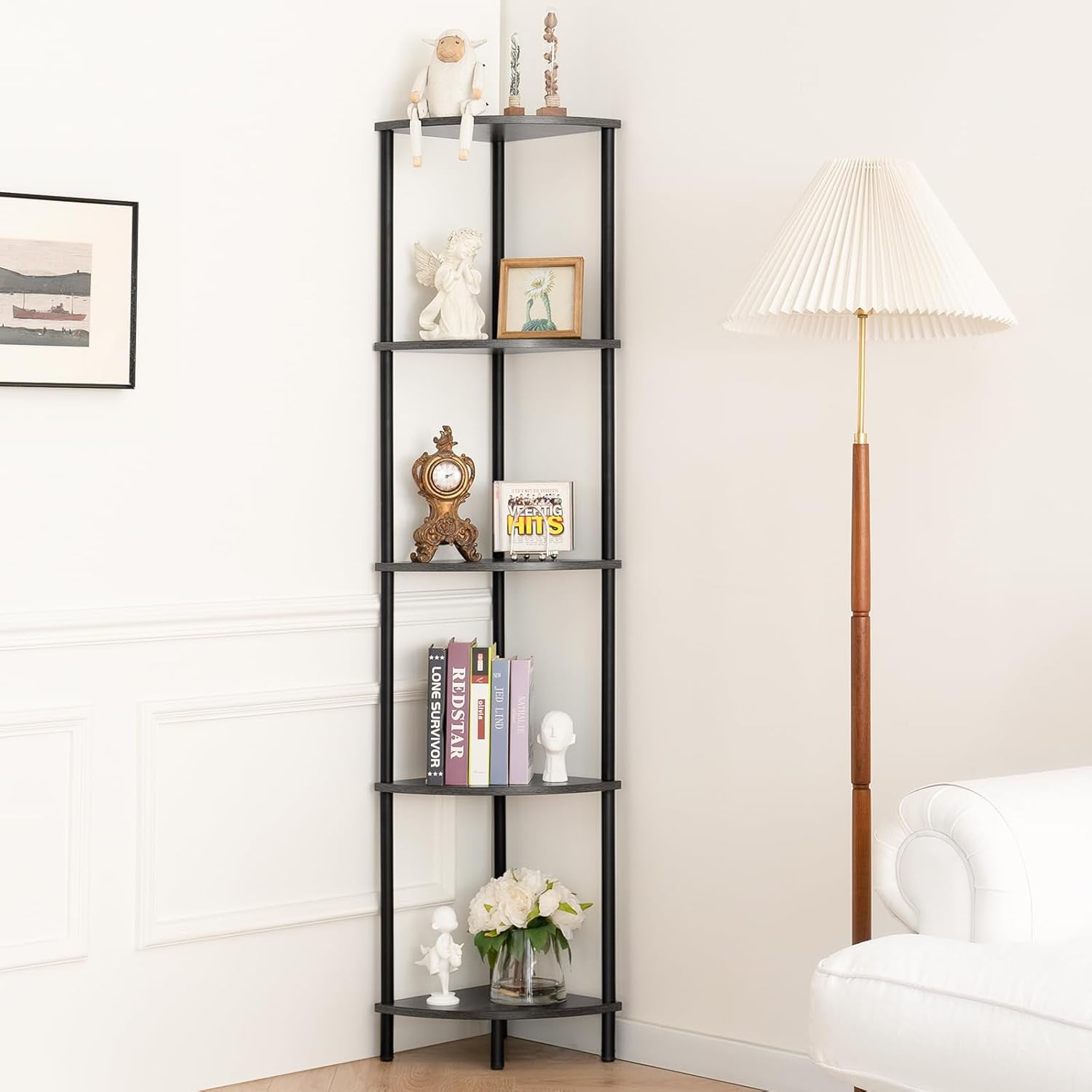 5-Tier Corner Shelf Stand, Tall Bookshelf for Bedroom, Living Room ...
