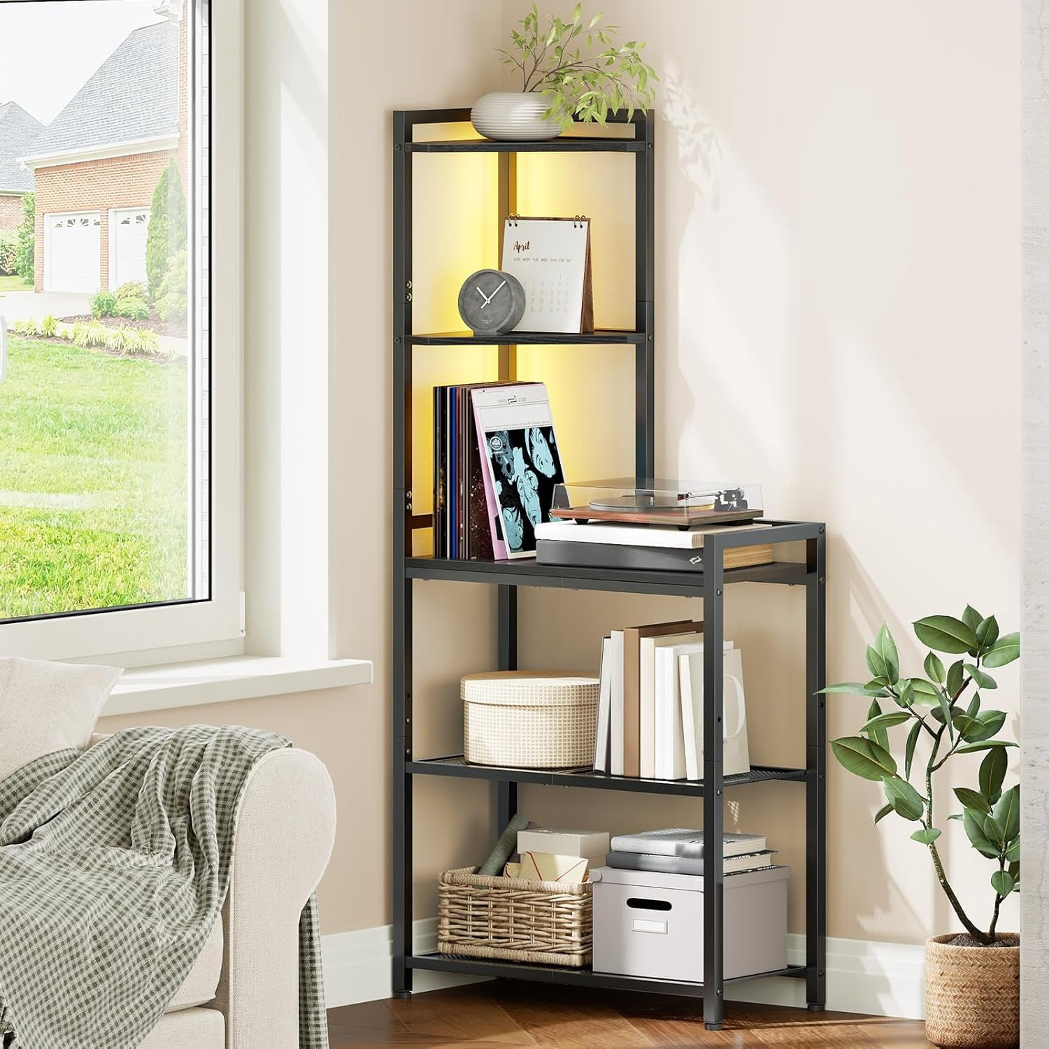 5-Tier Corner Shelf Stand with LED Light, 56.3