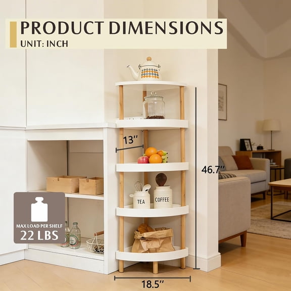 5-Tier Corner Shelf Stand with Lacquer  and 4 Sturdy , Space-Saving  Organizer for Bathroom Kitchen Bedroom Living Room Easy Clean Display Rack