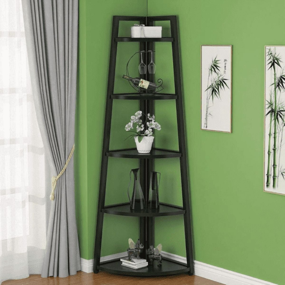 5-Tier Corner Shelf, Sturdy Metal Frame (50lbs/Shelf), E1 Particle Board, Space-Saving for Living Room, Bedroom, Bathroom