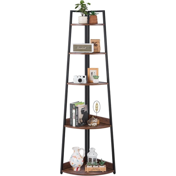 5 Tier Corner Shelf, Tall Corner Bookshelf Plant Rack, Wall Shelves Tower Storage Organizer with Metal Frame & Wooden Shelves, Narrow Display Book Shelf Rack for Bedroom, Living Room, Office