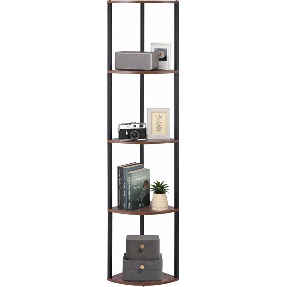 5 Tier Corner Shelf, Tall Corner Bookshelf Plant Rack, Wall Shelves Tower Storage Organizer with Metal Frame & Wooden Shelves, Narrow Display Book Shelf Rack for Bedroom, Living Room, Office