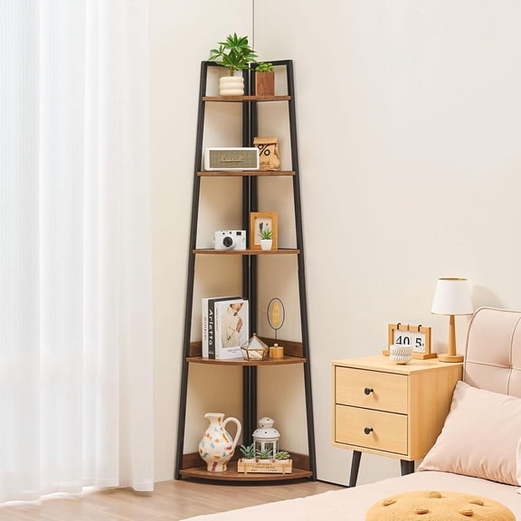 5 Tier Corner Shelf, Tall Corner Bookshelf Plant Rack, Wall Shelves Tower Storage Organizer with Metal Frame & Wooden Shelves, Narrow Display Book Shelf Rack for Bedroom, Living Room, Office