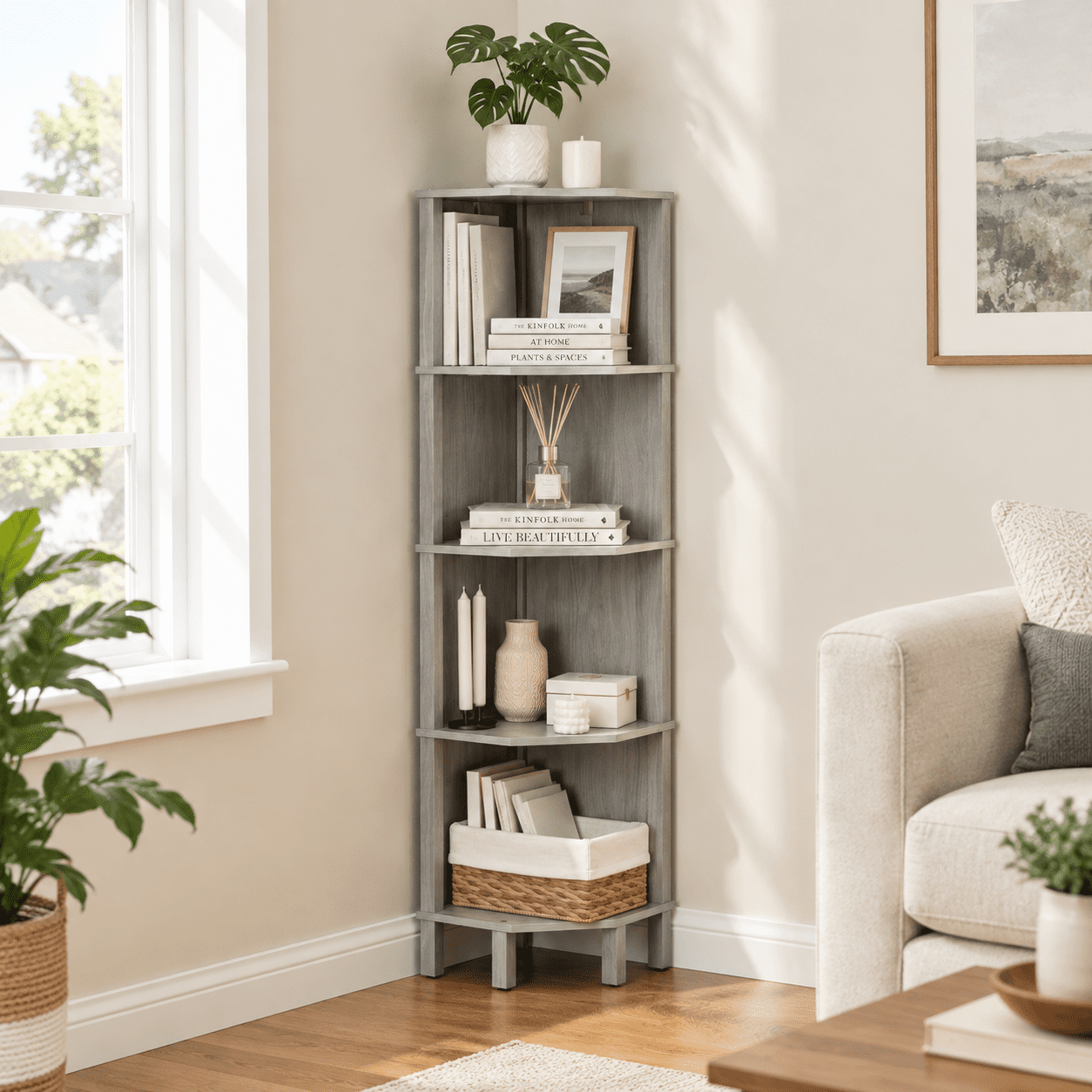 5-Tier Corner Shelf Unit, Grey Without Light, Space-Saving Storage ...