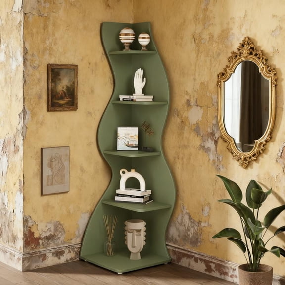 5-Tier Corner Shelf, Wall Corner Bookshelf for Plant Stand, Storage Rack for Small Spaces, Adjustable Shelves,Sage Green