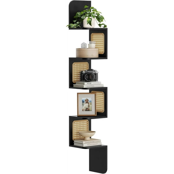 5-Tier Corner Shelf, Wall Mounted Floating Shelf, Zigzag Corner Shelf Unit, PVC Rattan Sides, Space-Saving, for Kitchen, Living Room, Bedroom, Boho Style,