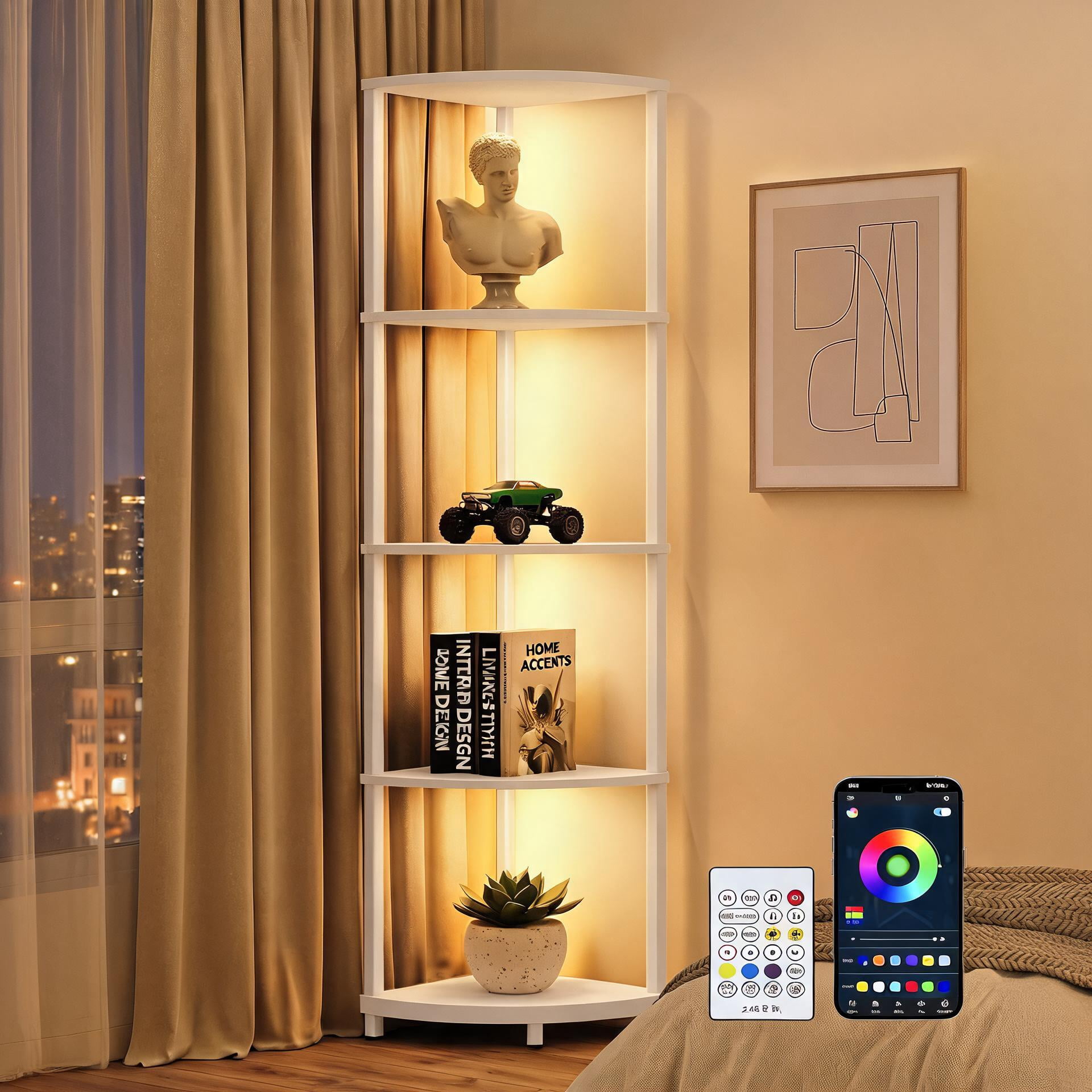 Led Remote Shelf 5-Tier Corner Shelf with LED Light Strip Remote-Controlled Color ...