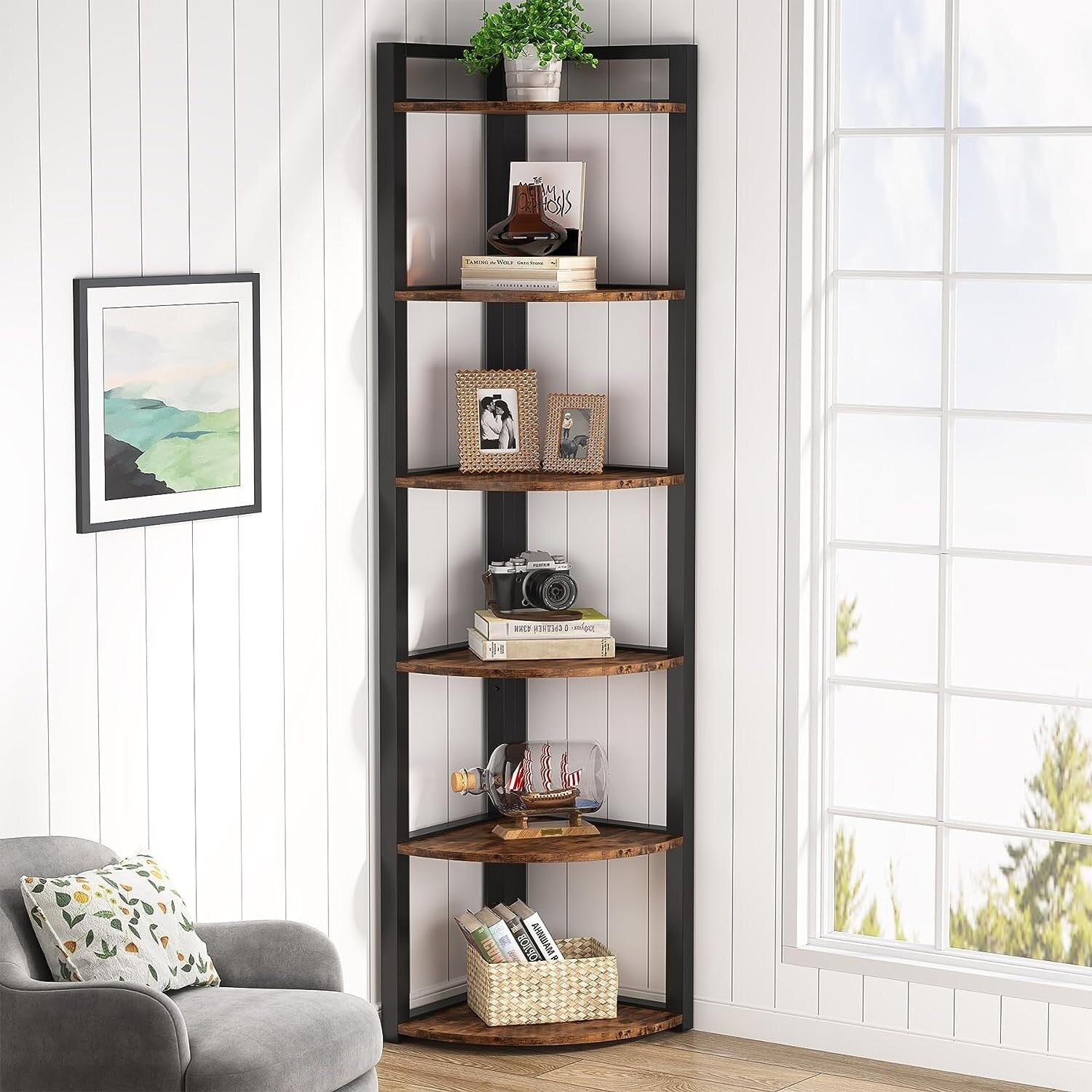 5 Tier Corner Shelves, Rustic Industrial Corner Bookshelf Bookcase