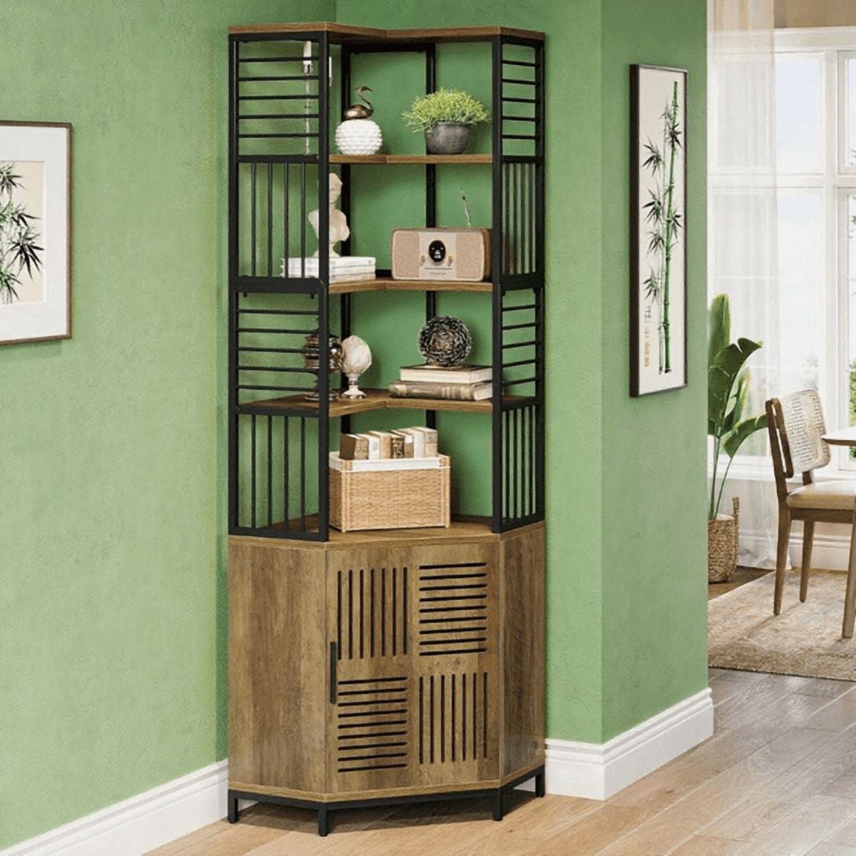 5-Tier Corner Storage Cabinet with Door, MDF & Metal Frame, Industrial Style for Living Room/Home Office/Balcony
