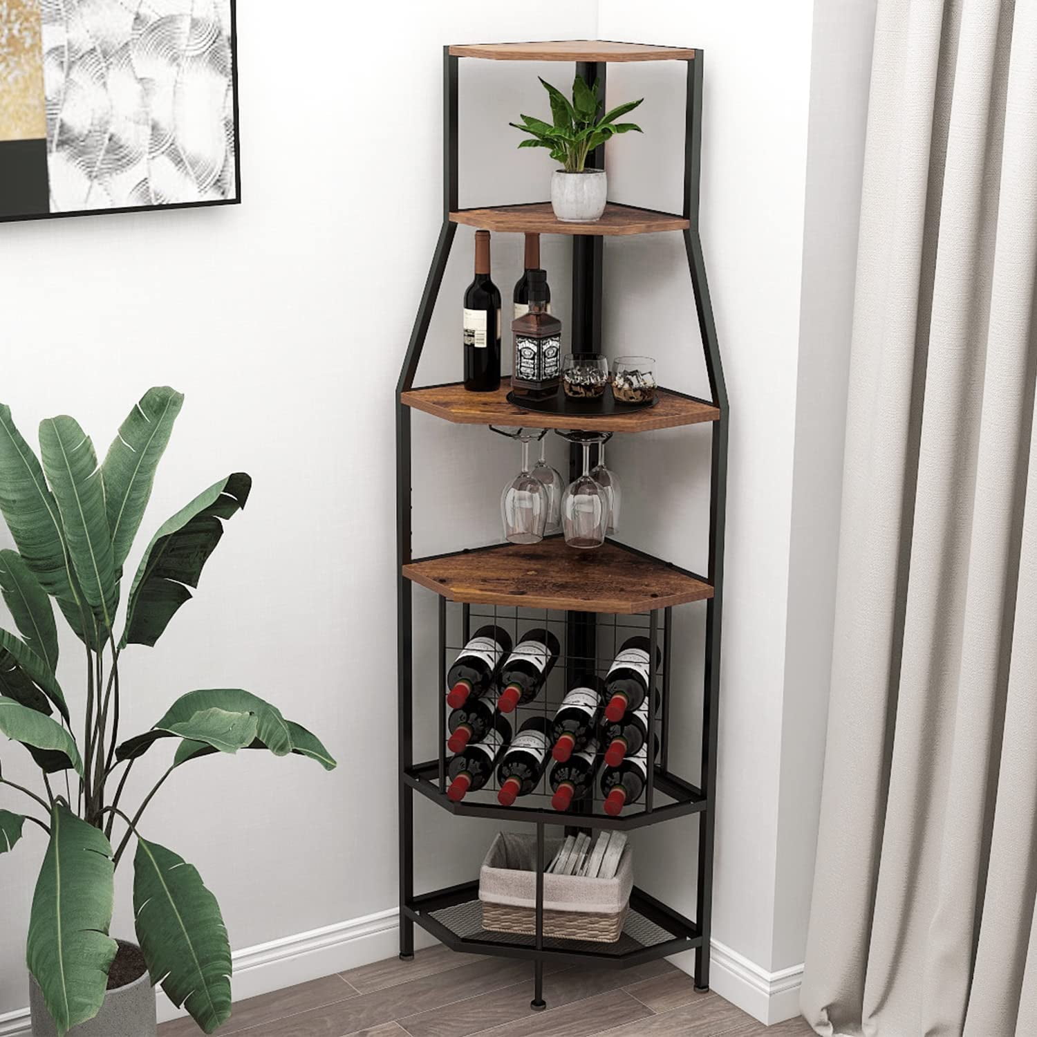 Brown and Black 5-Tier Corner Wine Rack with Glass Holder