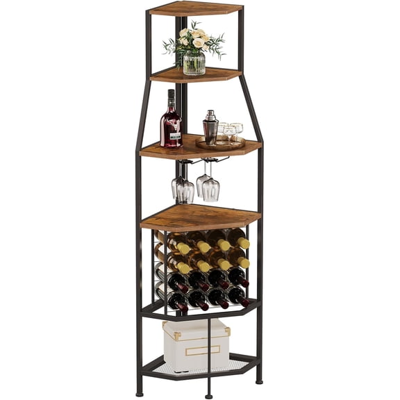 5-Tier Corner Wine Rack Floorstanding with Glass Holder and Bottles Wine Storage Home Bar Furniture for Home Kitchen Dining Room Industrial Metal and Wooden Corner Shelf