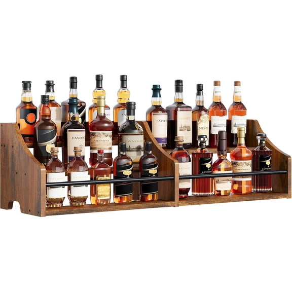 5 Tier Countertop Liquor Bottle Display Shelf Organizer, Retro Tabletop Wine Rack Stand, Storage Holder for Whiskey, Spirits, Coffee Syrup, Mini Home Bar & Liquor Cabinet, Rustic Brown