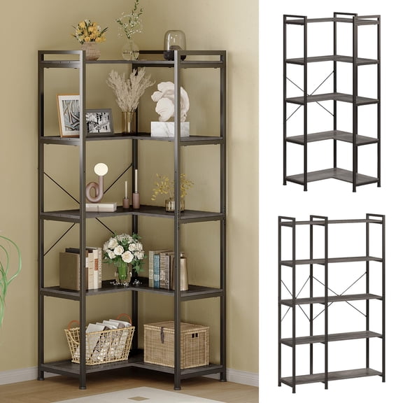 5-Tier Dark Grey Corner Bookshelf With Industrial Metal Frame