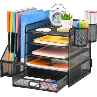 Marbrasse Metal Mesh 5-Tier Desk Organizer with File Holder, Drawer, Pen Holders - Vertical Tray for Office Supplies